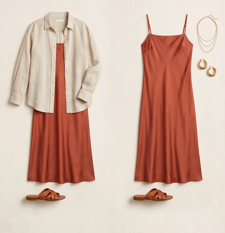 Flat lay of four outfits from a StylePage: tailored trousers, knitwear, loafers and gold jewellery